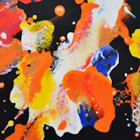 a painting with orange, blue, and yellow paint splatters